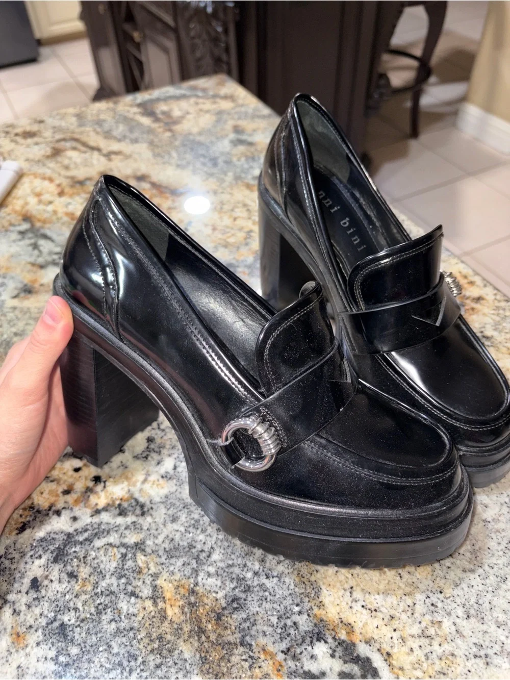 Women's Black Platform Block Heel Loafer